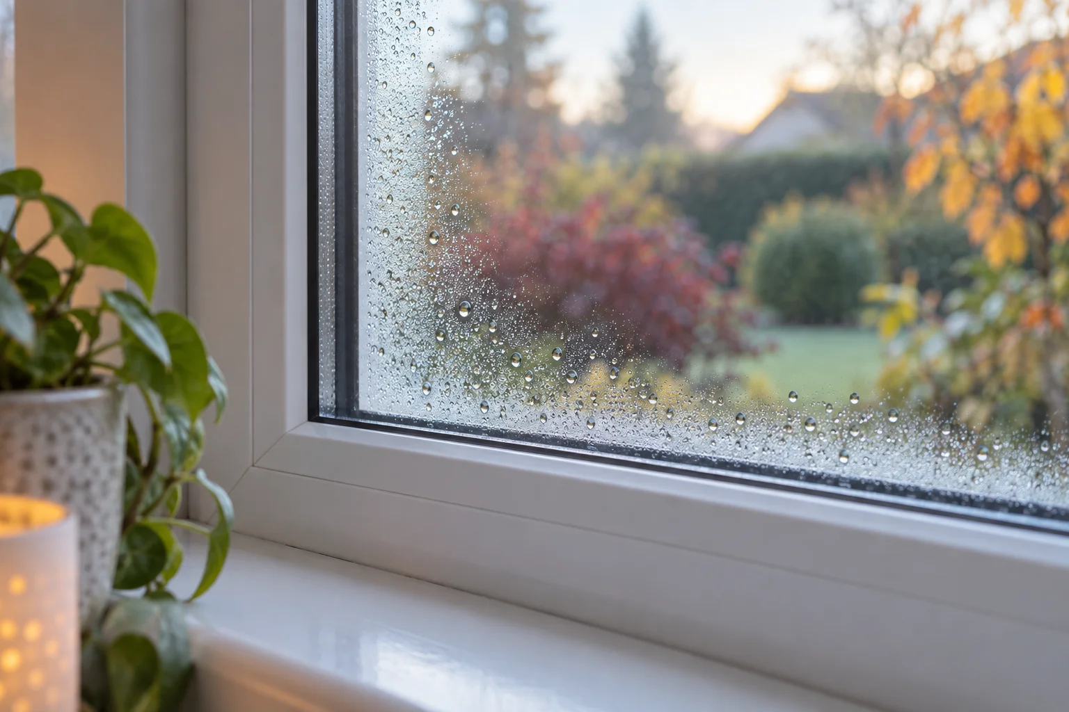 Detail of surface condensation on a white-framed window