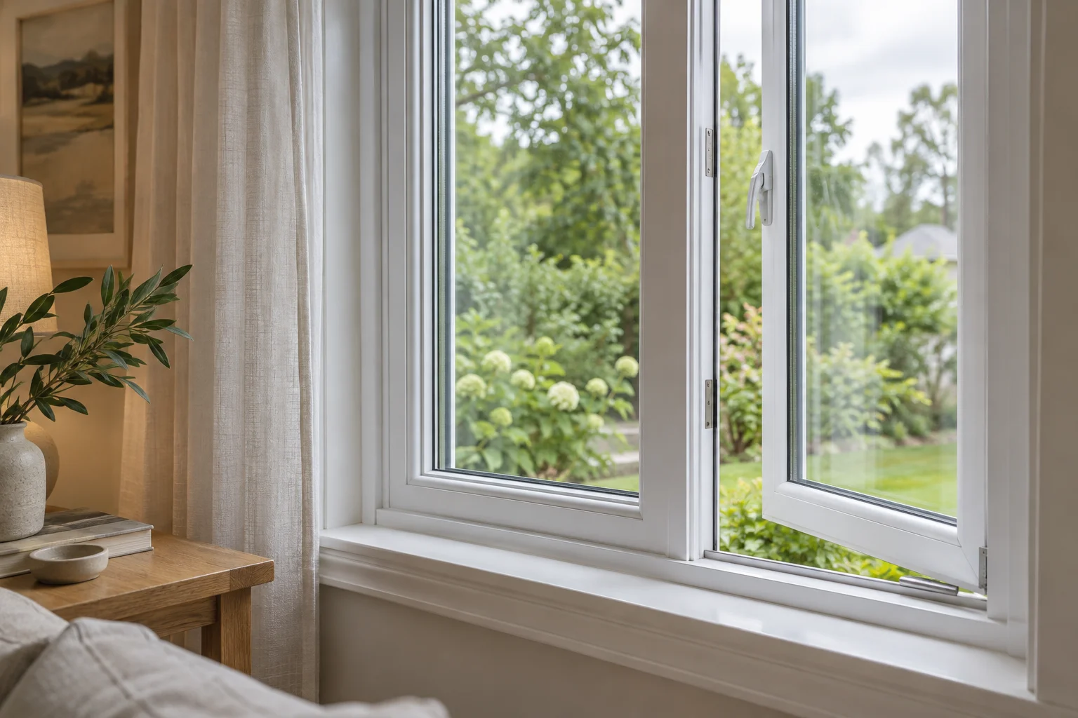 White-framed window in a softly lit living room