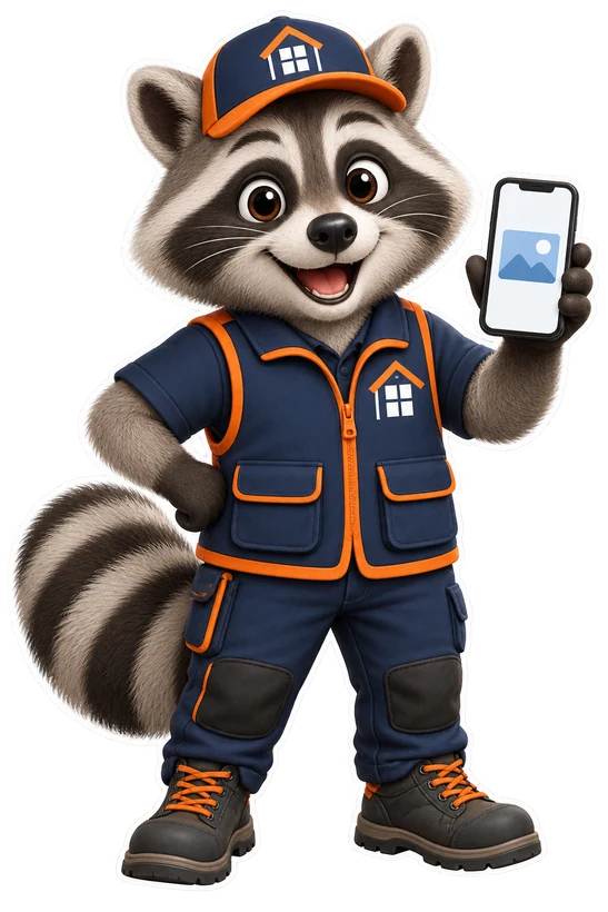 Raccoon mascot helping with glass replacement photos