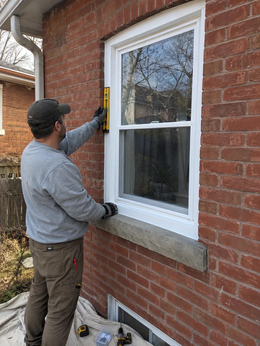 Installer checking the alignment of a white window in a brick home