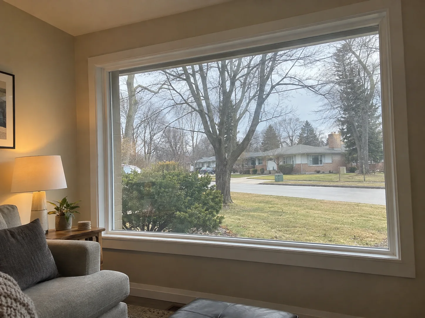 Fixed picture window overlooking a front lawn