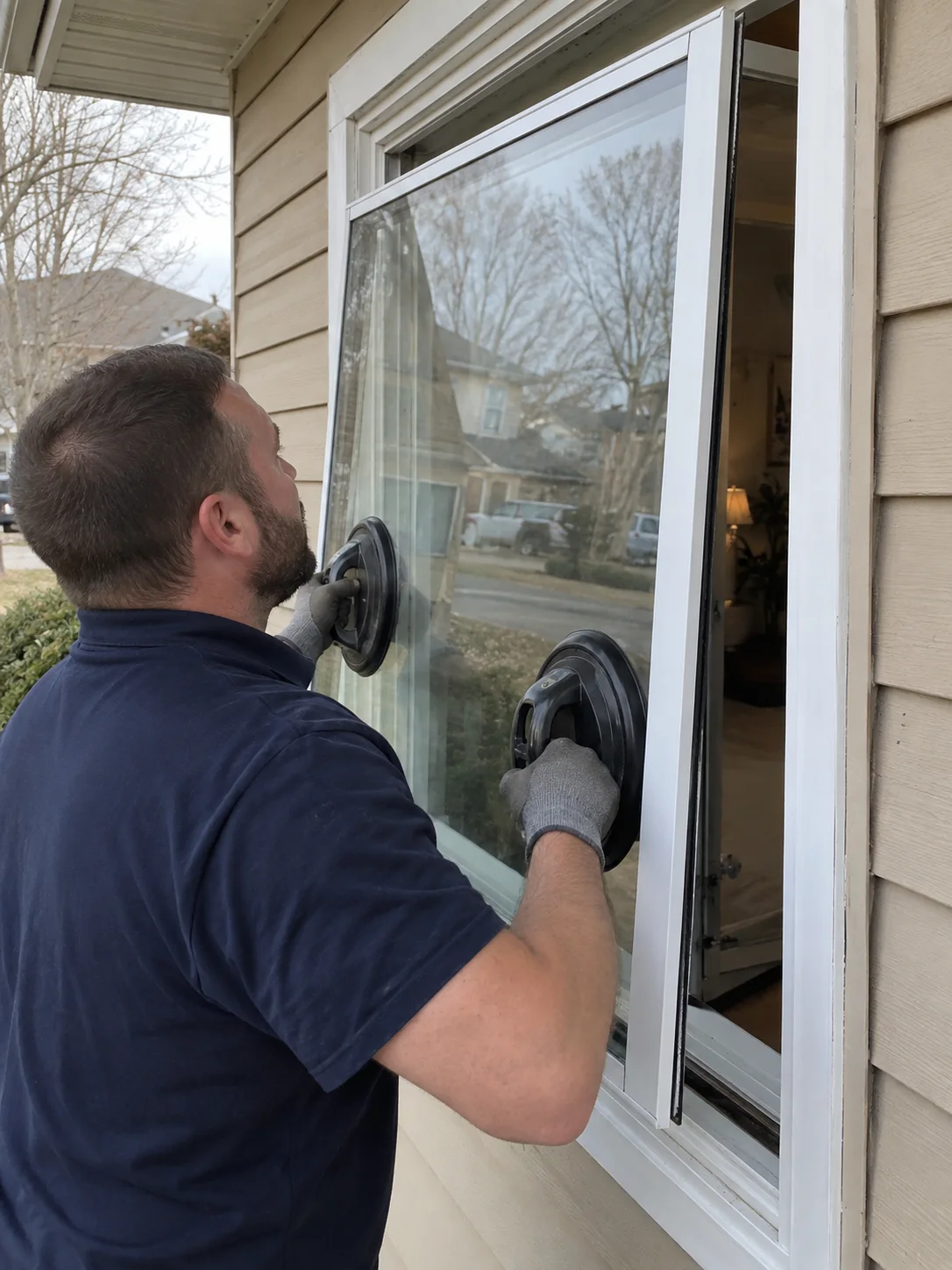 Glazier positioning replacement glazing with suction handles