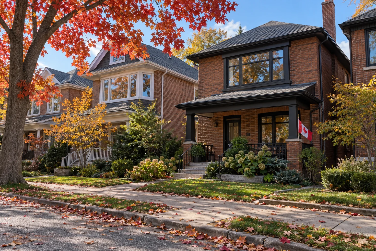 Toronto brick homes with red and amber maple trees