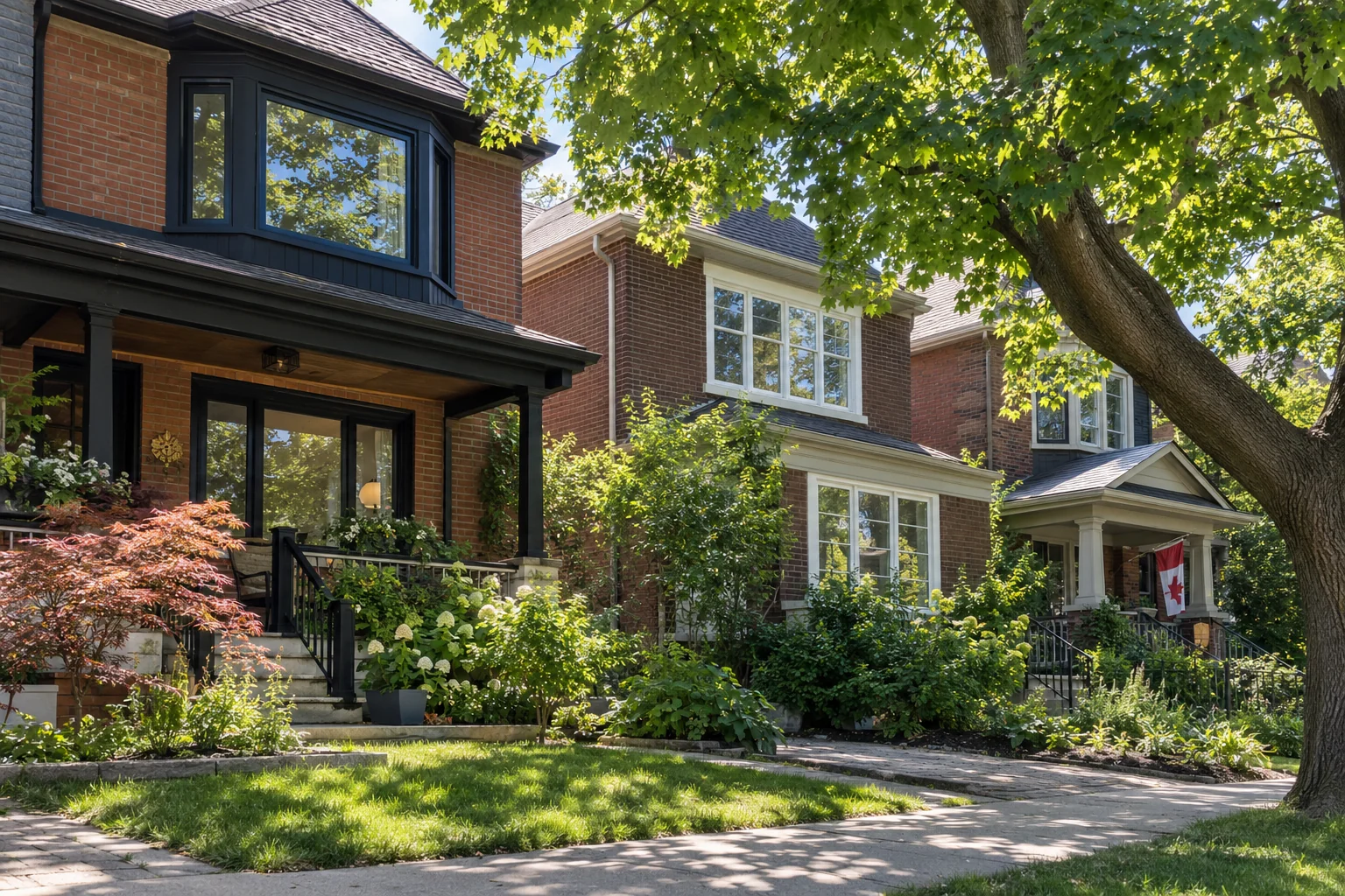 Toronto homes beneath a green summer maple canopy