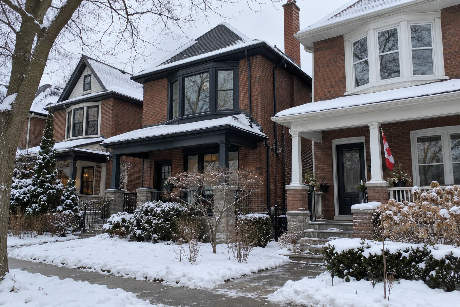 Toronto brick homes with winter snow and bare maple branches